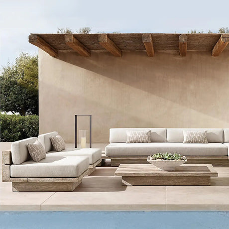 Neutral Beige Teak Symmetrical Upholstered Cushions Sofa Image - 1
