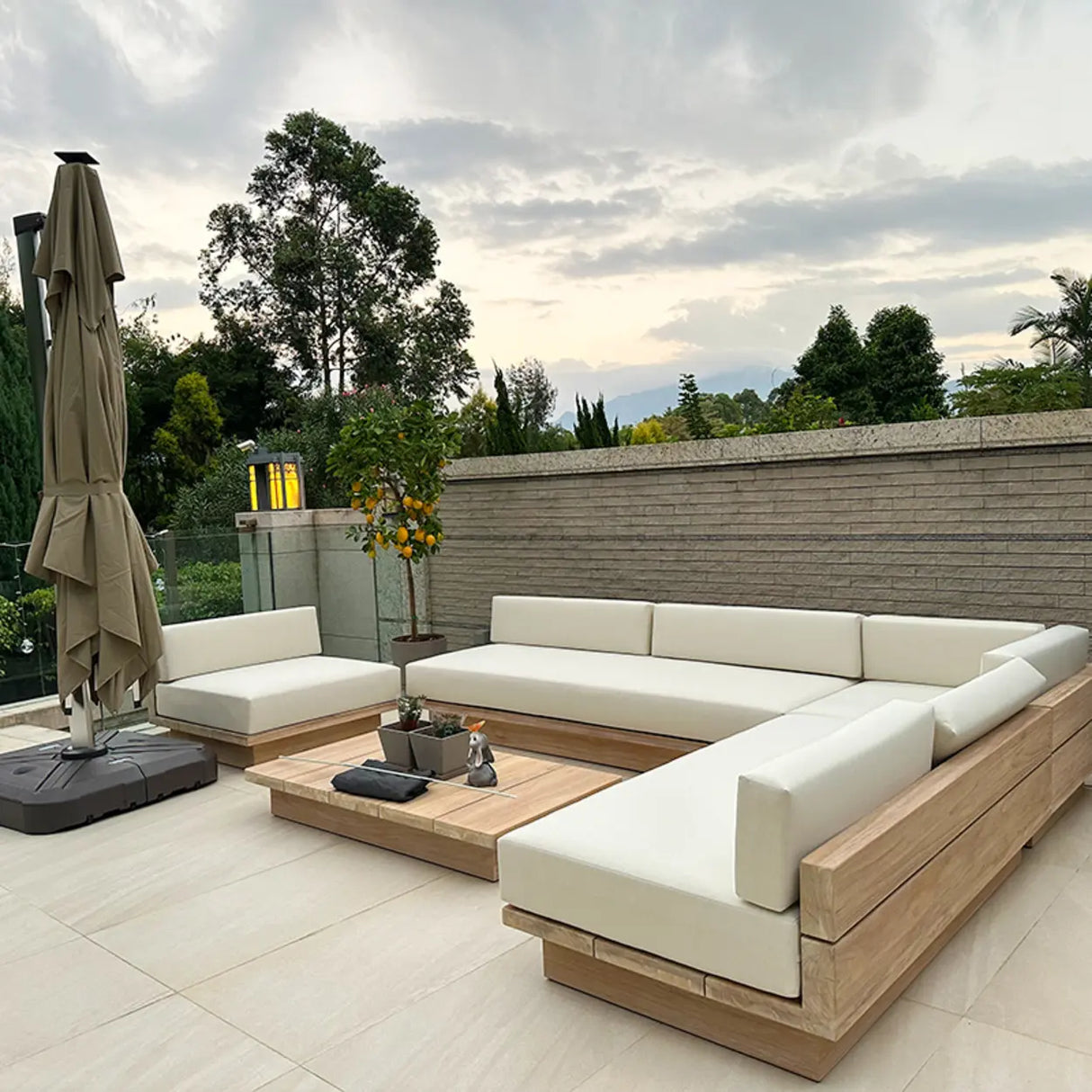Neutral Beige Teak Symmetrical Upholstered Cushions Sofa Image - 4