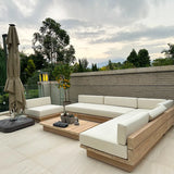 Neutral Beige Teak Symmetrical Upholstered Cushions Sofa Image - 4