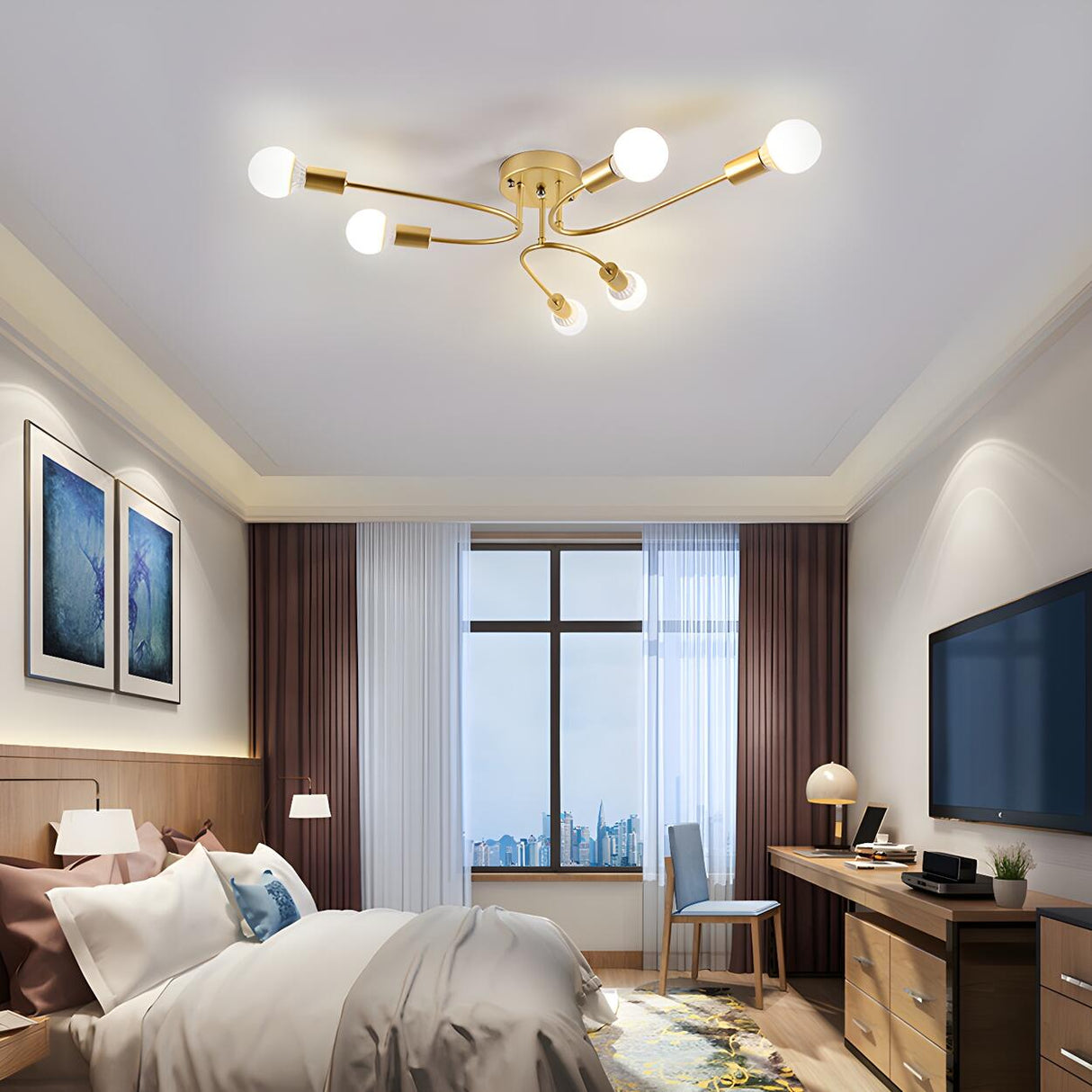 Nordic Bedroom Arc Arm Semi-Flush Mount Light 6 Bulbs Image - 27