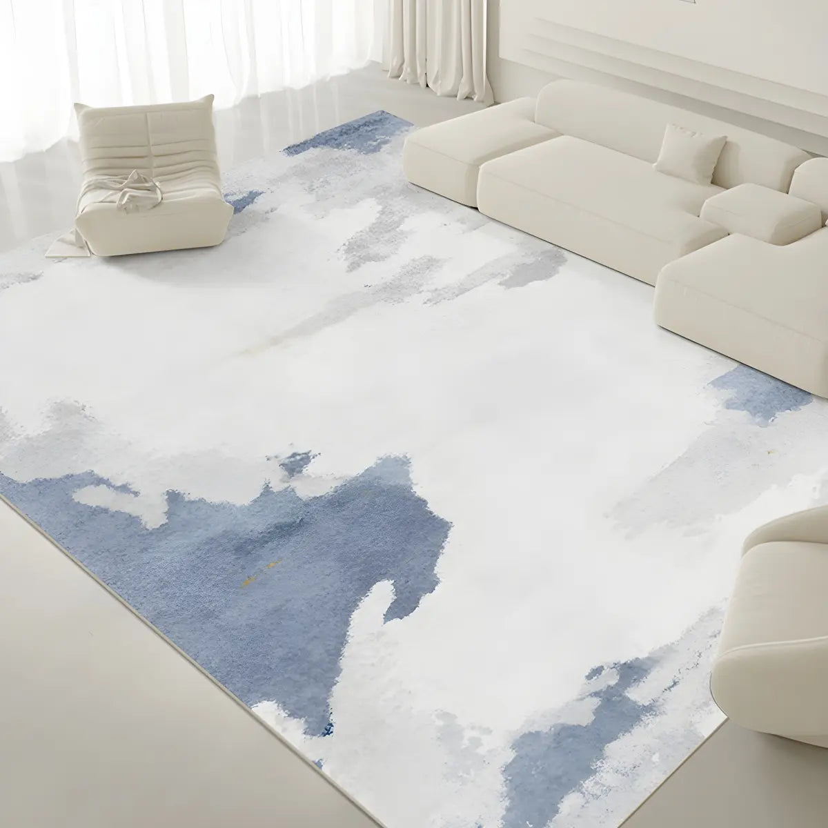 Nordic Rectangle Watercolor Soft Fabric Blue Area Rug Image - 1