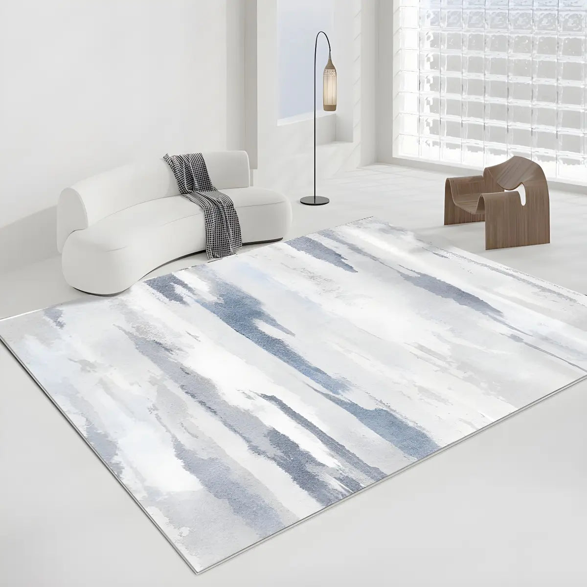 Nordic Rectangle Watercolor Soft Fabric Blue Area Rug Image - 11