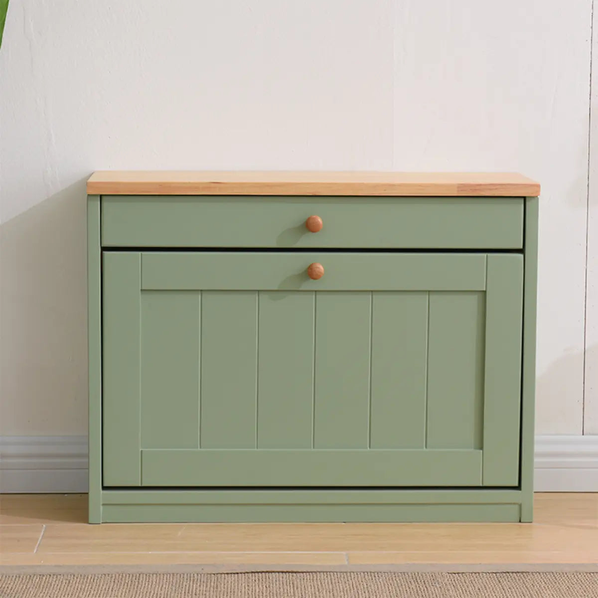 Nordic Rectangular Wood Entryway Green Shoe Cabinet Image - 1