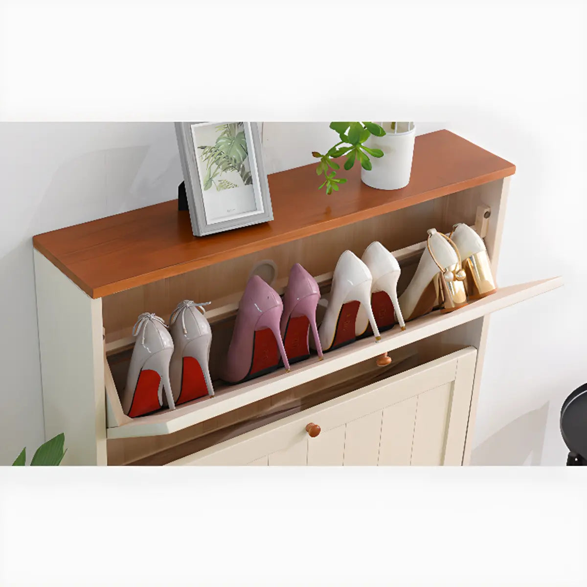 Nordic Rectangular Wood Entryway Green Shoe Cabinet Image - 14