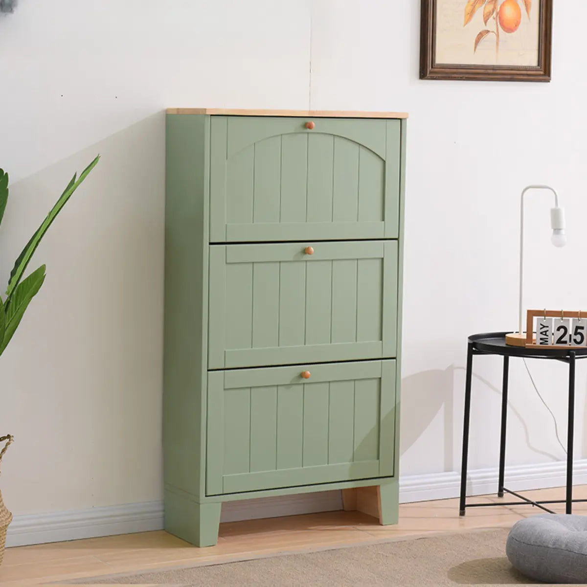 Nordic Rectangular Wood Entryway Green Shoe Cabinet Image - 15