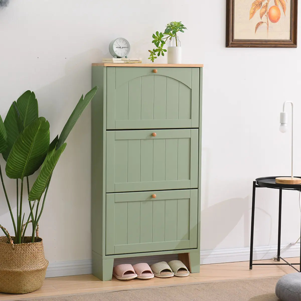 Nordic Rectangular Wood Entryway Green Shoe Cabinet Image - 20