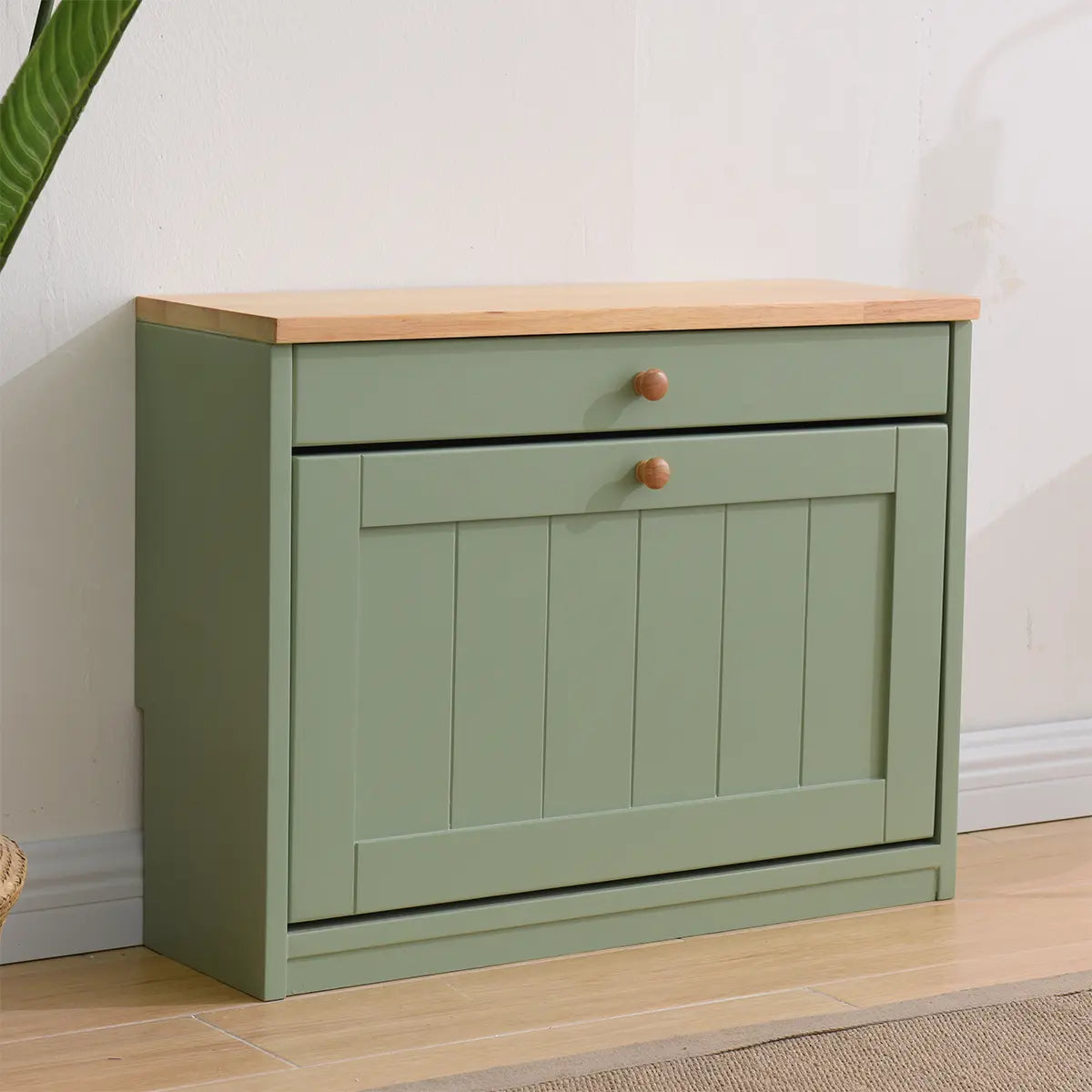 Nordic Rectangular Wood Entryway Green Shoe Cabinet Image - 6