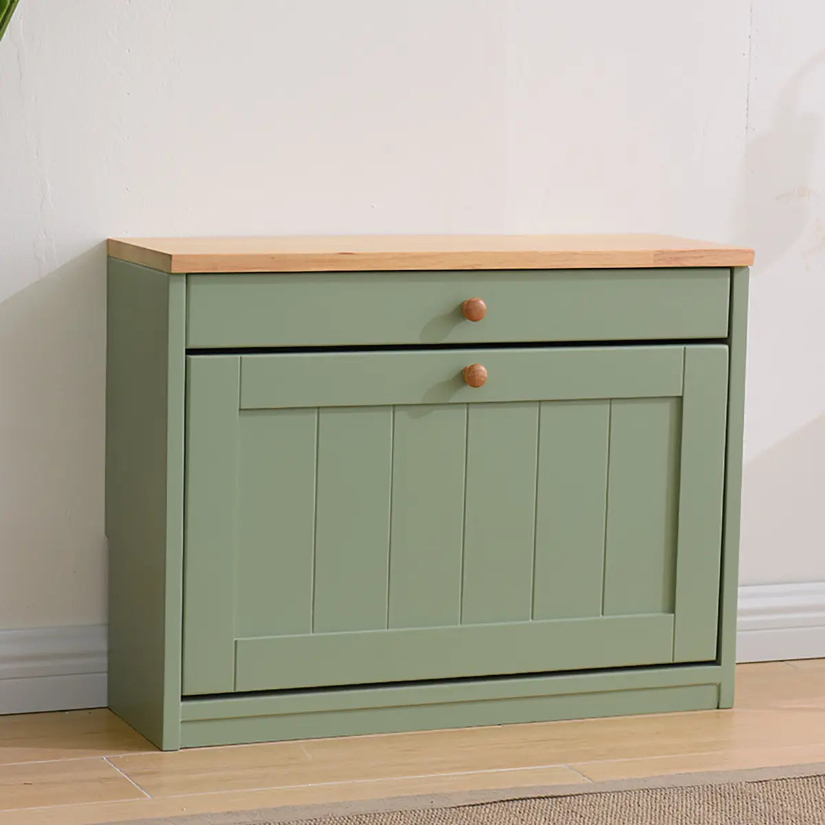 Nordic Rectangular Wood Entryway Green Shoe Cabinet Image - 9