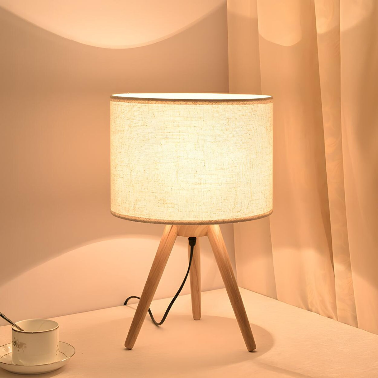 Nordic Simple Fabric Wooden Base Bedroom Table Lamp Image - 6