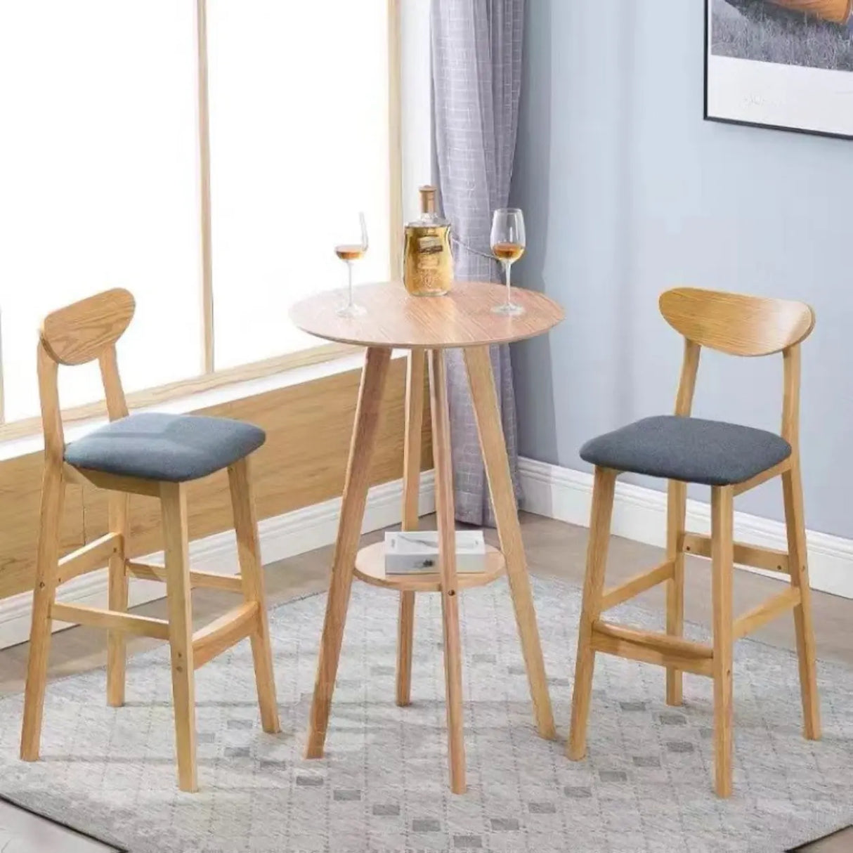Nordic Simple Soft Seating Natural Wood Bar Stools With Back Image - 4