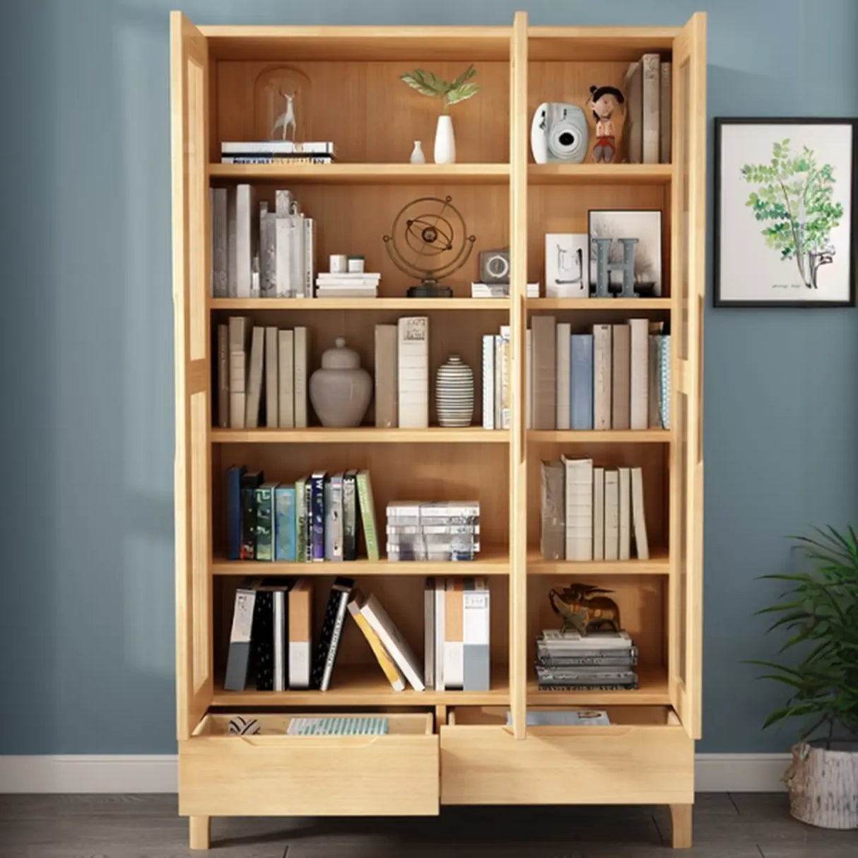 Nordic Simple Wood Finish Rubberwood Tall Bookcase Image - 1