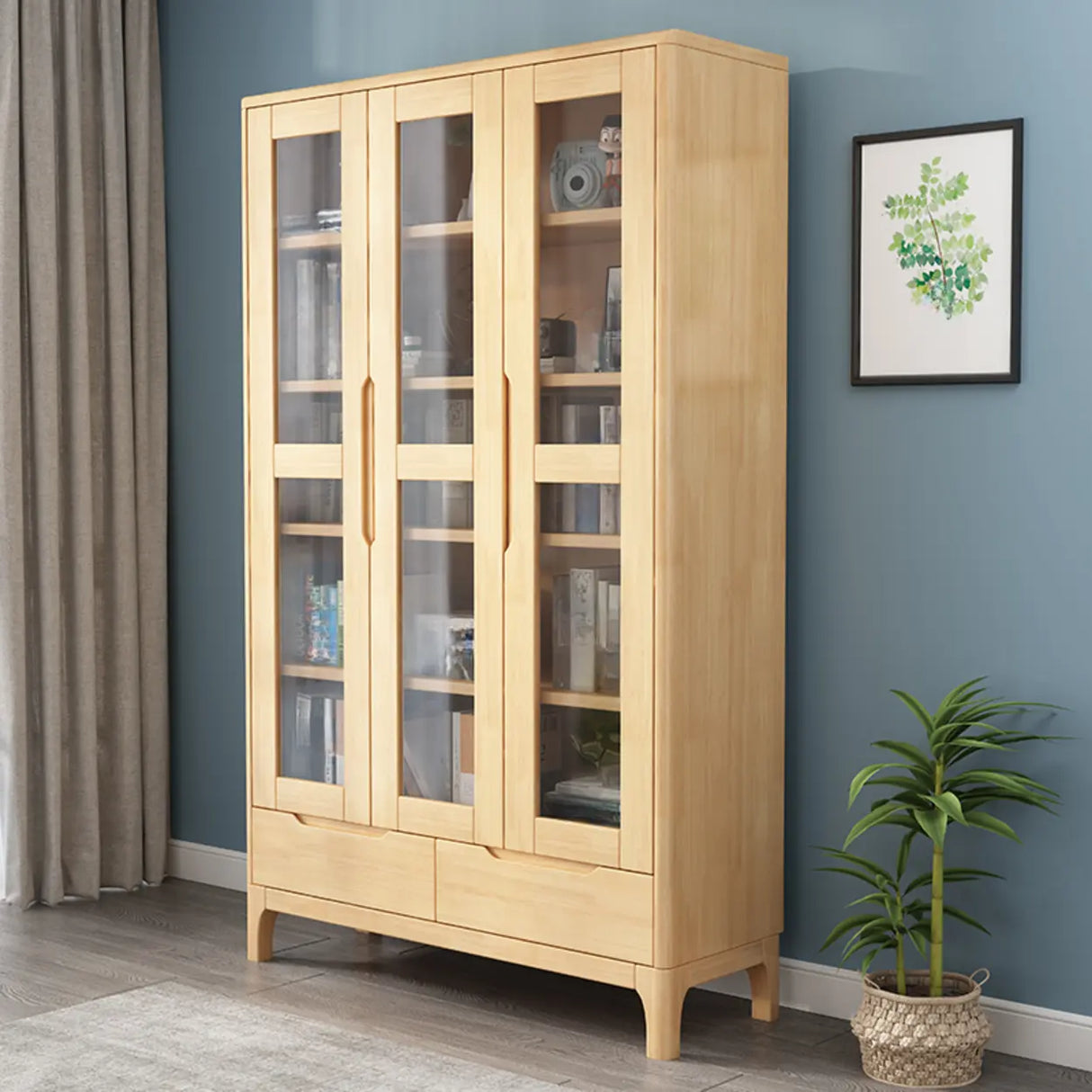 Nordic Simple Wood Finish Rubberwood Tall Bookcase Image - 3