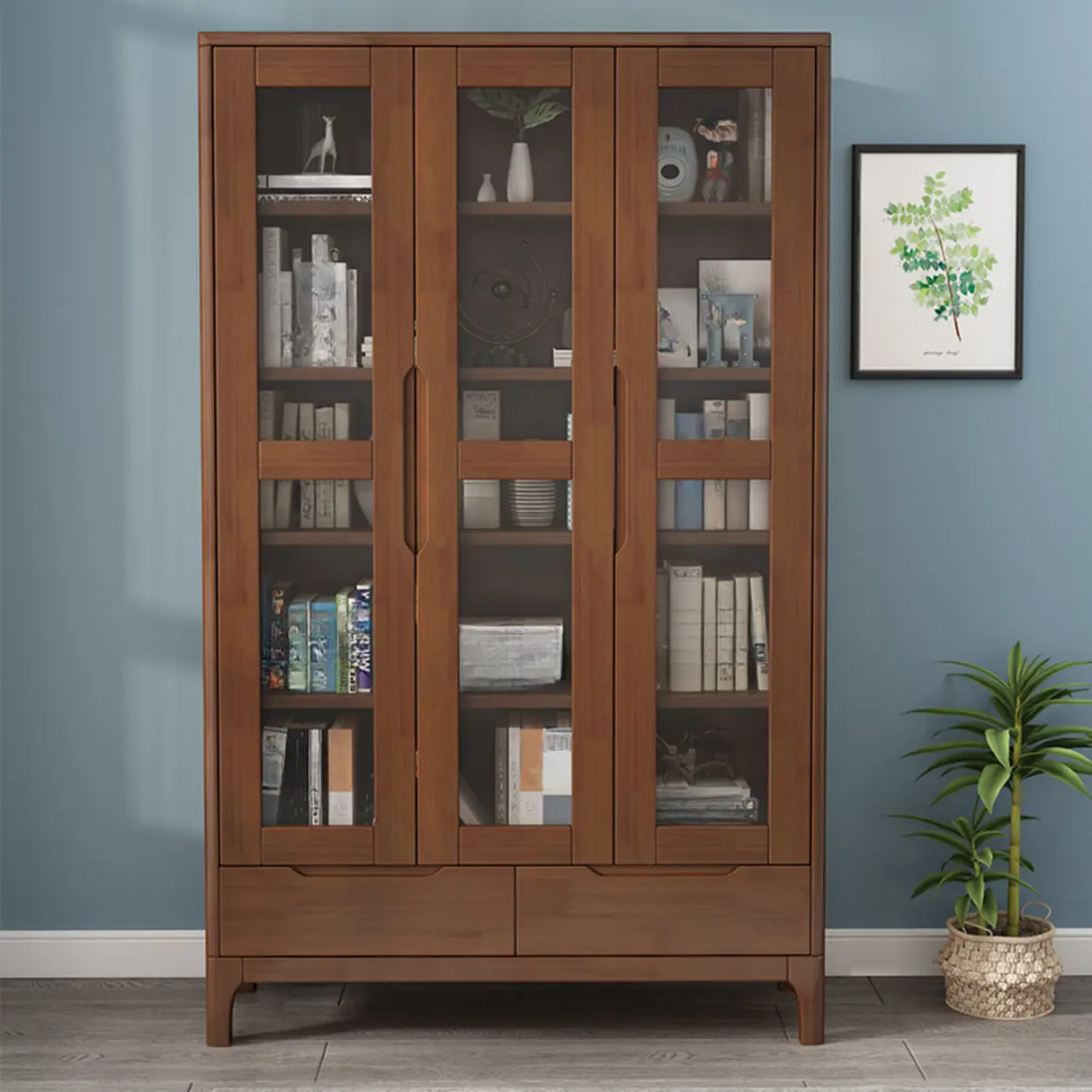 Nordic Simple Wood Finish Rubberwood Tall Bookcase Image - 7