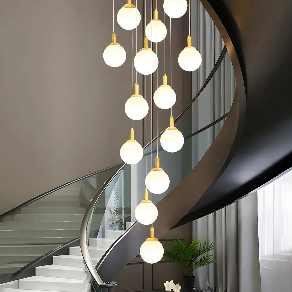 Nordic Stairwell Cluster White Glass Globe Pendant Light Image - 17