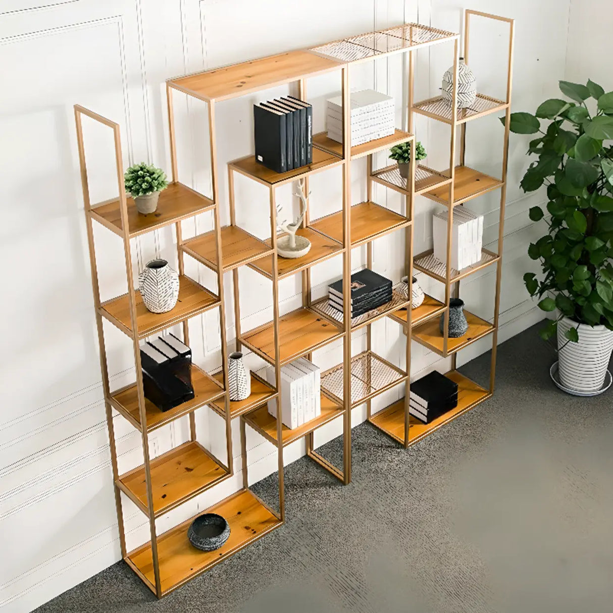 Nordic Style Open Back Geometric Wood Display Bookshelf Image - 3