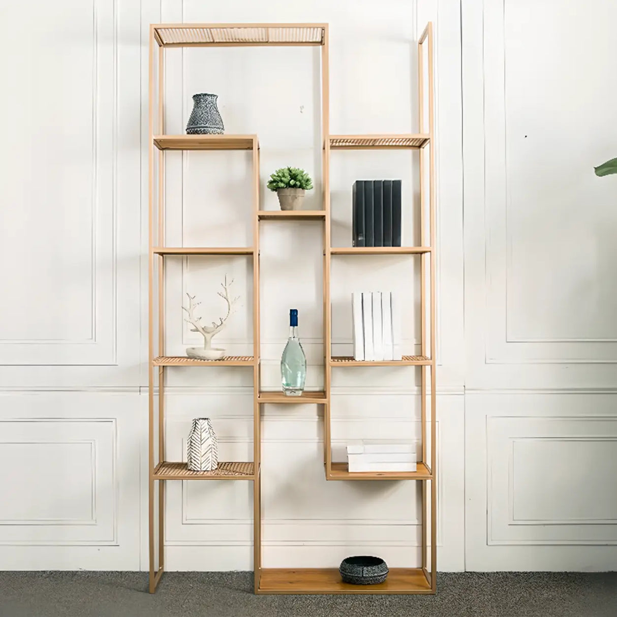 Nordic Style Open Back Geometric Wood Display Bookshelf Image - 4