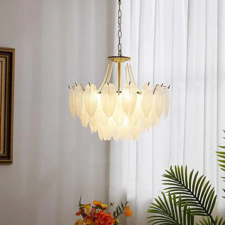 Nordic Tiered Leaf Glass Living Room White Chandelier Image - 2