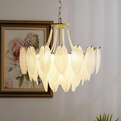 Nordic Tiered Leaf Glass Living Room White Chandelier Image - 1
