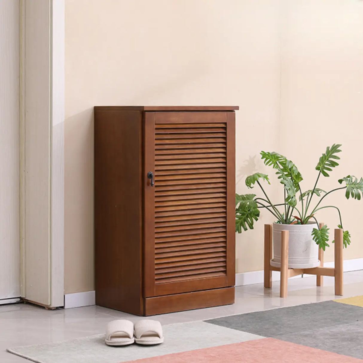 Nordic Vertical Wood Ivory Entryway Shoe Cabinet Storage Image - 23