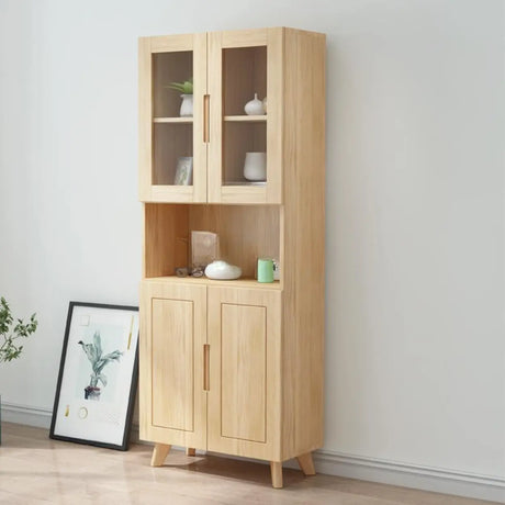 Nordic Wood Cabinet Oak Glass Doors Storage Bookcase Image - 1