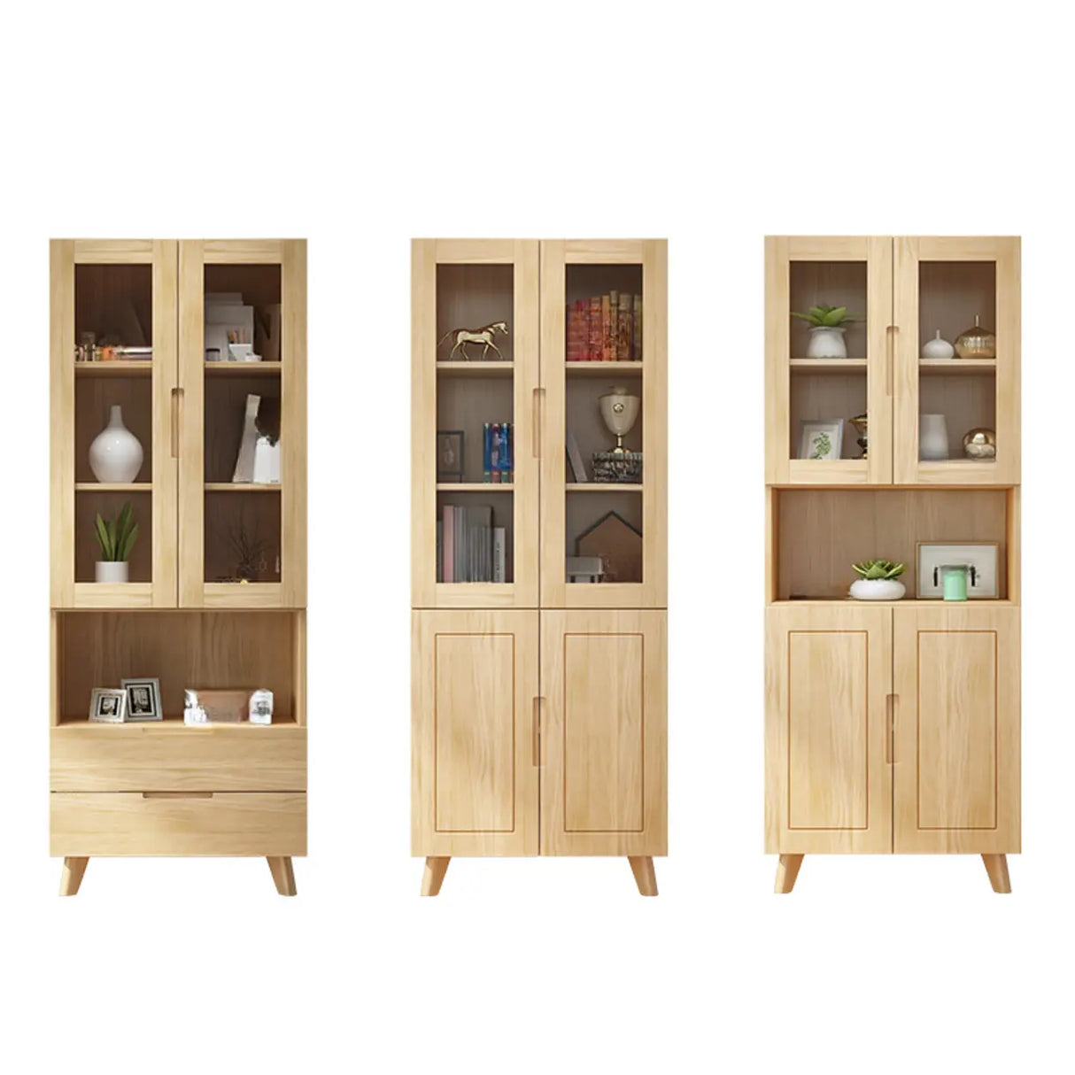 Nordic Wood Cabinet Oak Glass Doors Storage Bookcase Image - 12