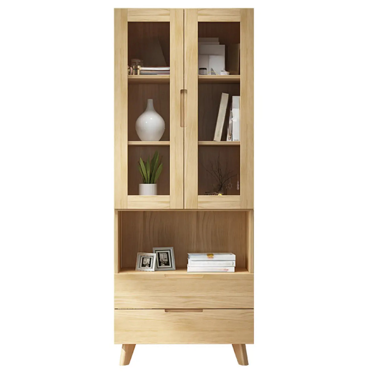 Nordic Wood Cabinet Oak Glass Doors Storage Bookcase Image - 3
