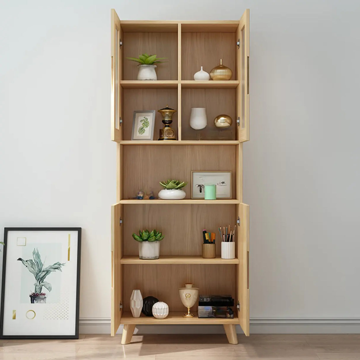 Nordic Wood Cabinet Oak Glass Doors Storage Bookcase Image - 4