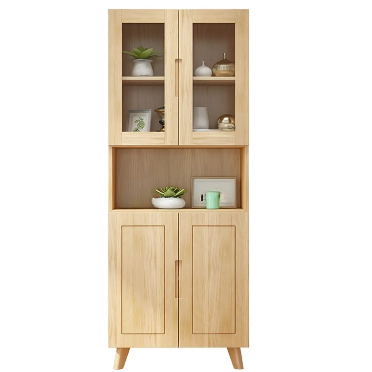 Nordic Wood Cabinet Oak Glass Doors Storage Bookcase Image - 5