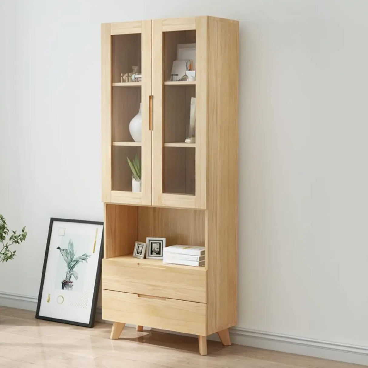 Nordic Wood Cabinet Oak Glass Doors Storage Bookcase Image - 6