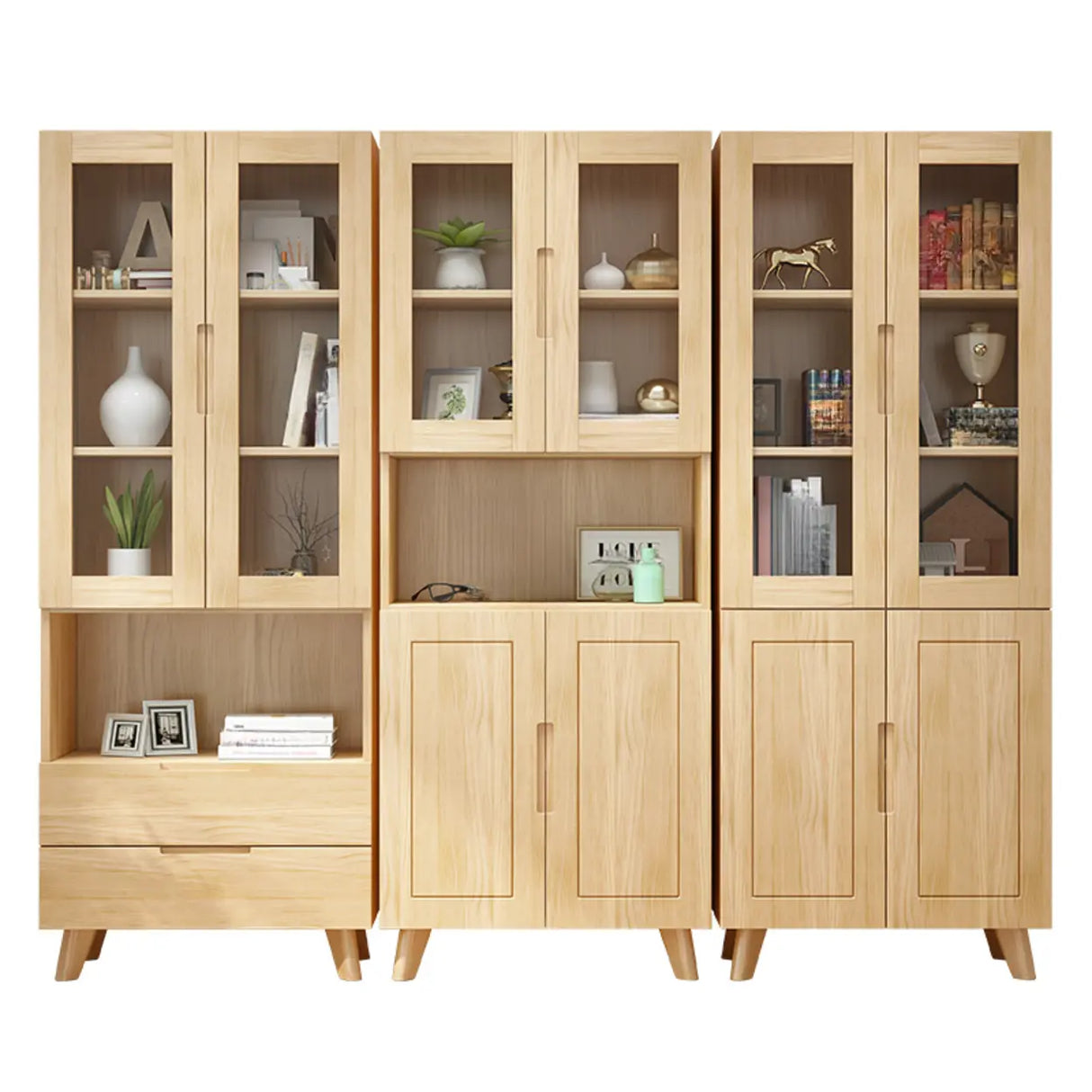 Nordic Wood Cabinet Oak Glass Doors Storage Bookcase Image - 8