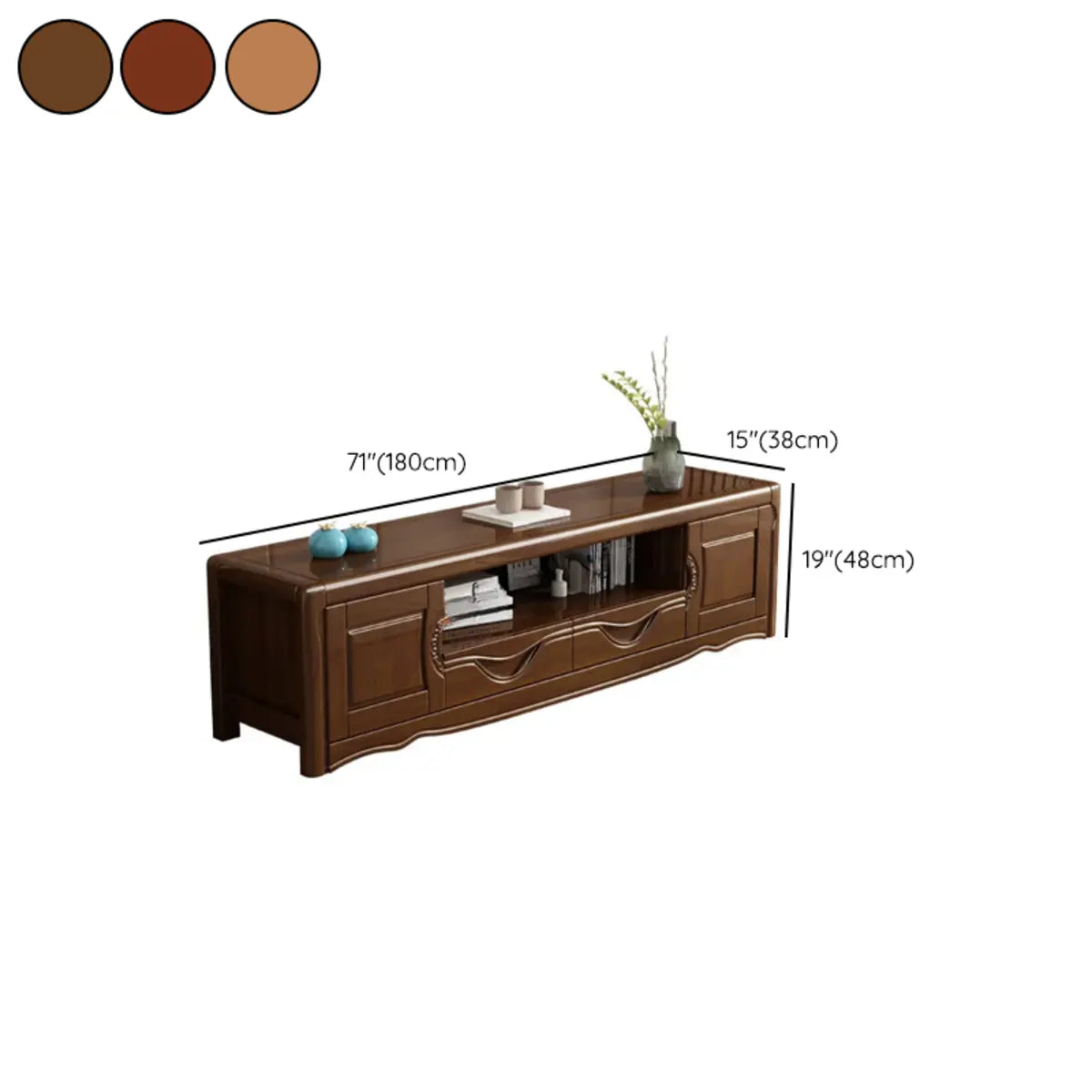 Nut-Brown Finish Wooden TV Stand with Cabinet Shelves Image - 11
