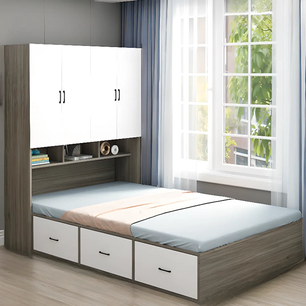 Nut-Brown King Wood Storage Bed with Mattress and Drawers Image - 3