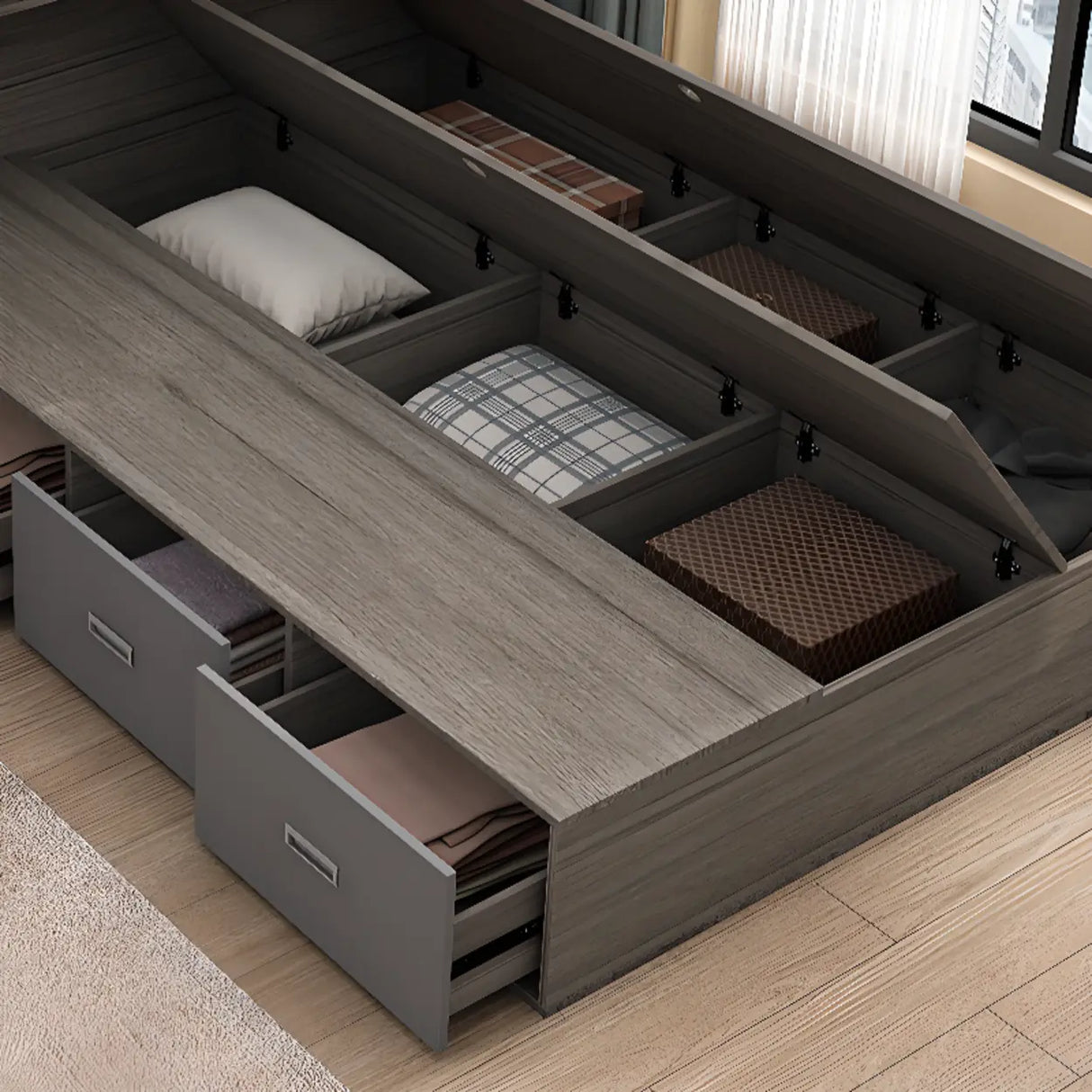 Nut-Brown King Wood Storage Bed with Mattress and Drawers Image - 4