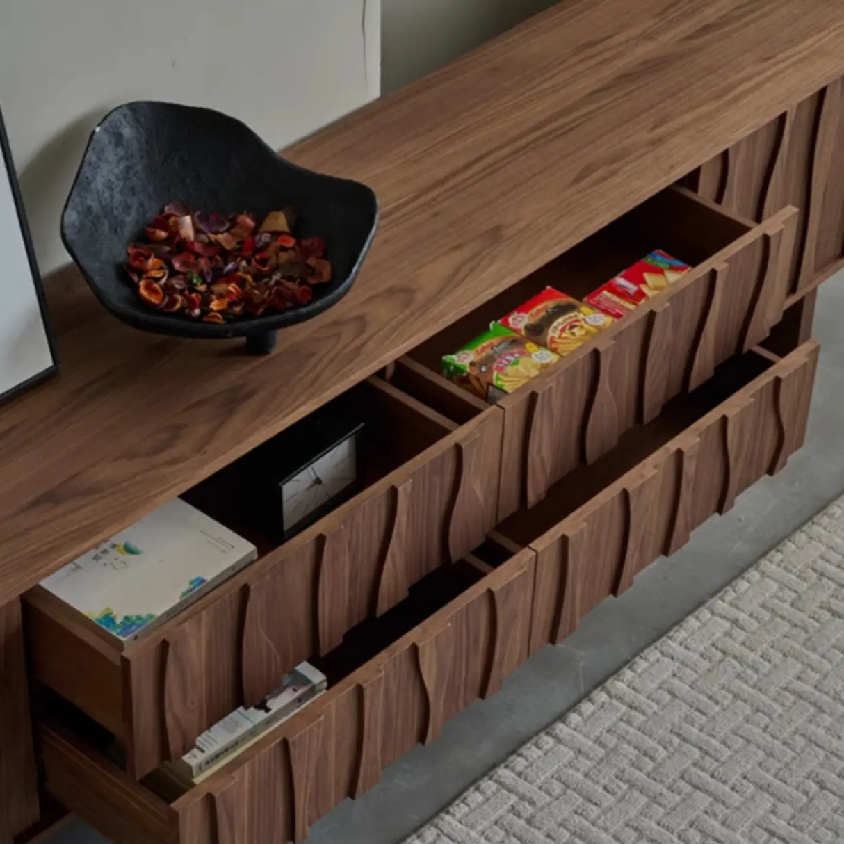 Nut-Brown Wave Texture Rectangle Wood Drawers TV Stand Image - 10