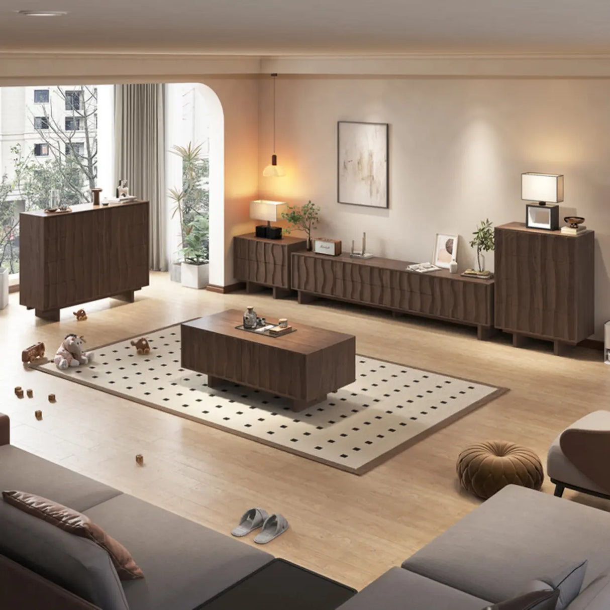 Nut-Brown Wave Texture Rectangle Wood Drawers TV Stand Image - 3