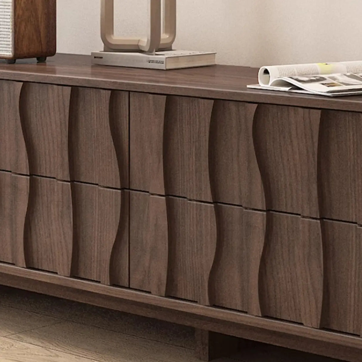 Nut-Brown Wave Texture Rectangle Wood Drawers TV Stand Image - 7