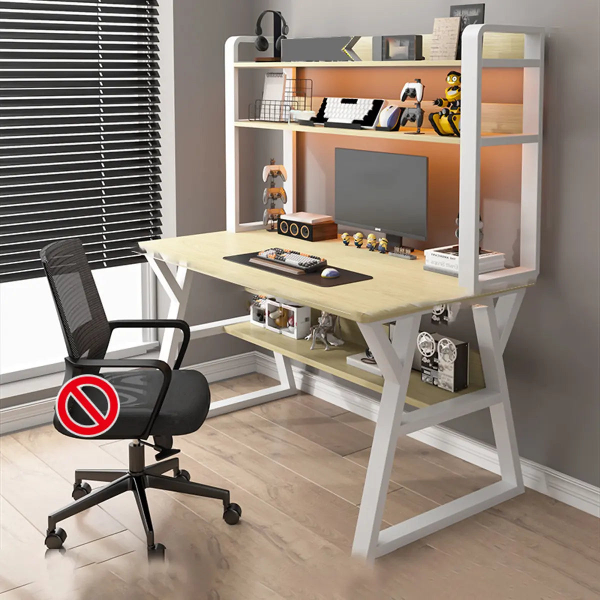 Nut-Brown Wood Computer Desk with Hutch Exterior Shelf Image - 18