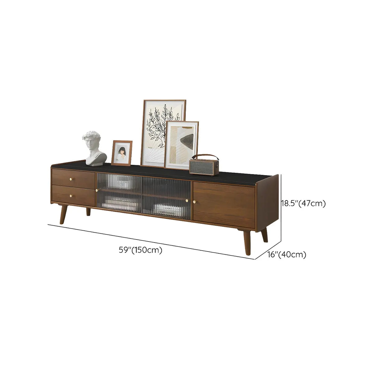 Nut-Brown Wood Drawers Open Storage TV Stand with Legs Image - 19