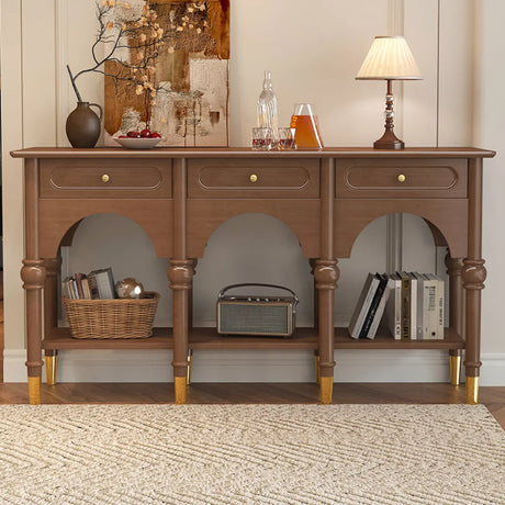 Nut-Brown Wood Foyer Storage Console Table with Shelves Image - 2