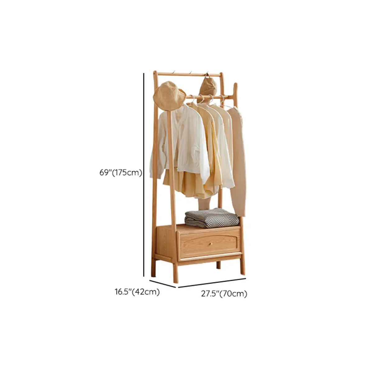 Oak Light Wood Natural Finish Coat Rack with Drawer 