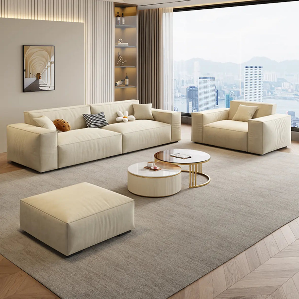 Off-White Anti Cat Scratch Fabric Tight Back Sofa Image - 2