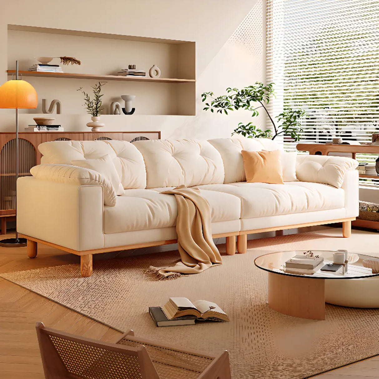 Off-White Anti Cat Scratch Velvet Tufted Back Sofa Image - 1