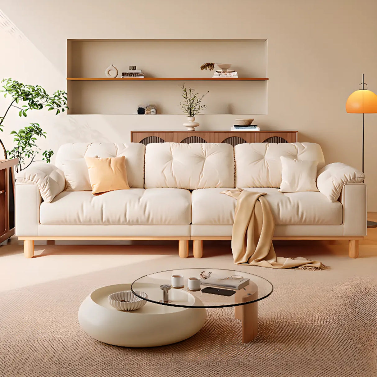 Off-White Anti Cat Scratch Velvet Tufted Back Sofa Image - 2