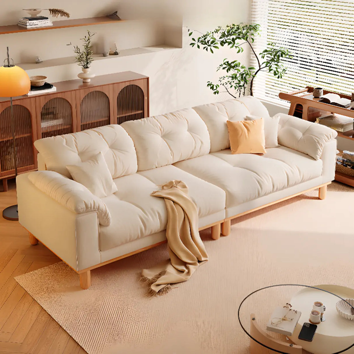 Off-White Anti Cat Scratch Velvet Tufted Back Sofa Image - 3