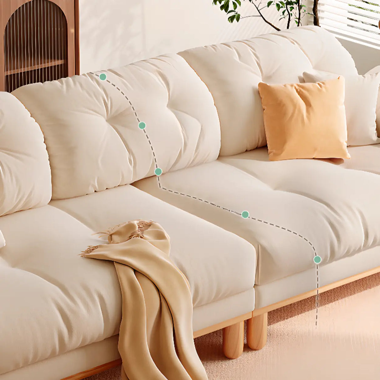 Off-White Anti Cat Scratch Velvet Tufted Back Sofa Image - 6
