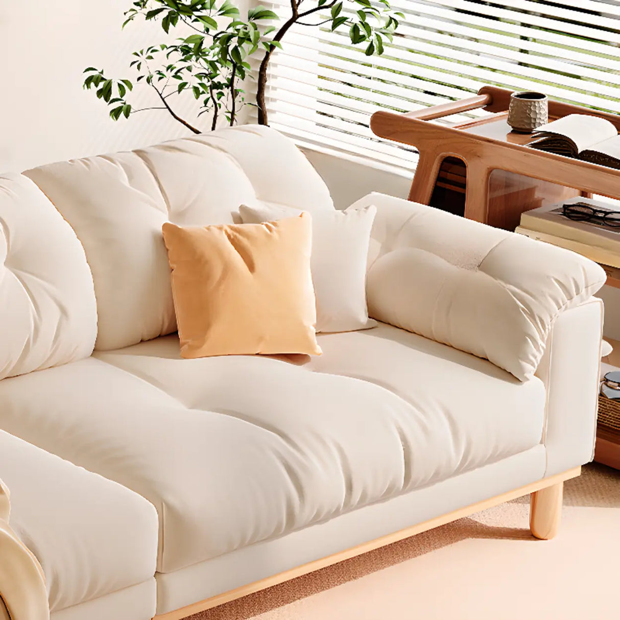 Off-White Anti Cat Scratch Velvet Tufted Back Sofa Image - 7