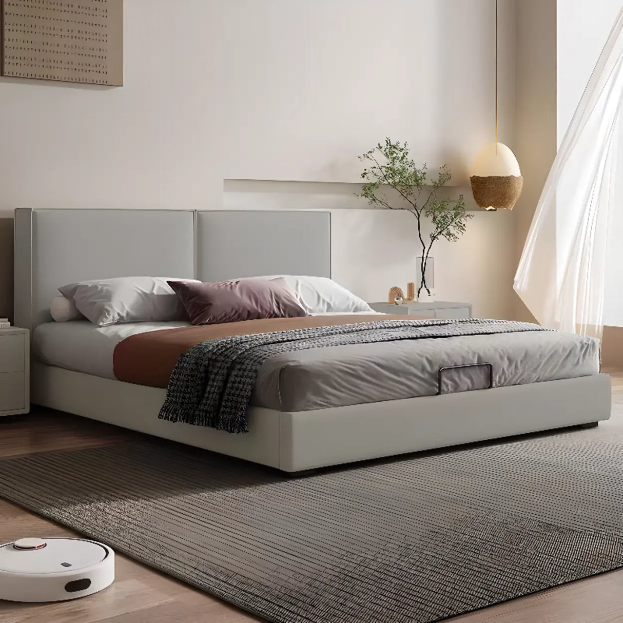 Off-White Comfort Queen Modern Upholstered Storage Bed Image - 3