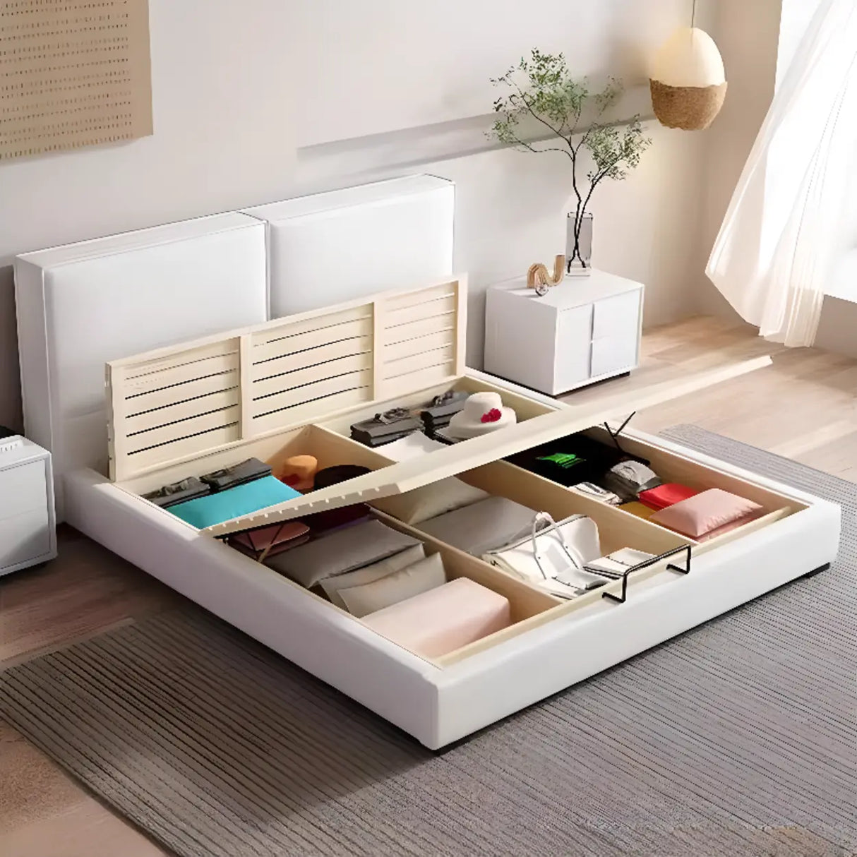 Off-White Comfort Queen Modern Upholstered Storage Bed Image - 5