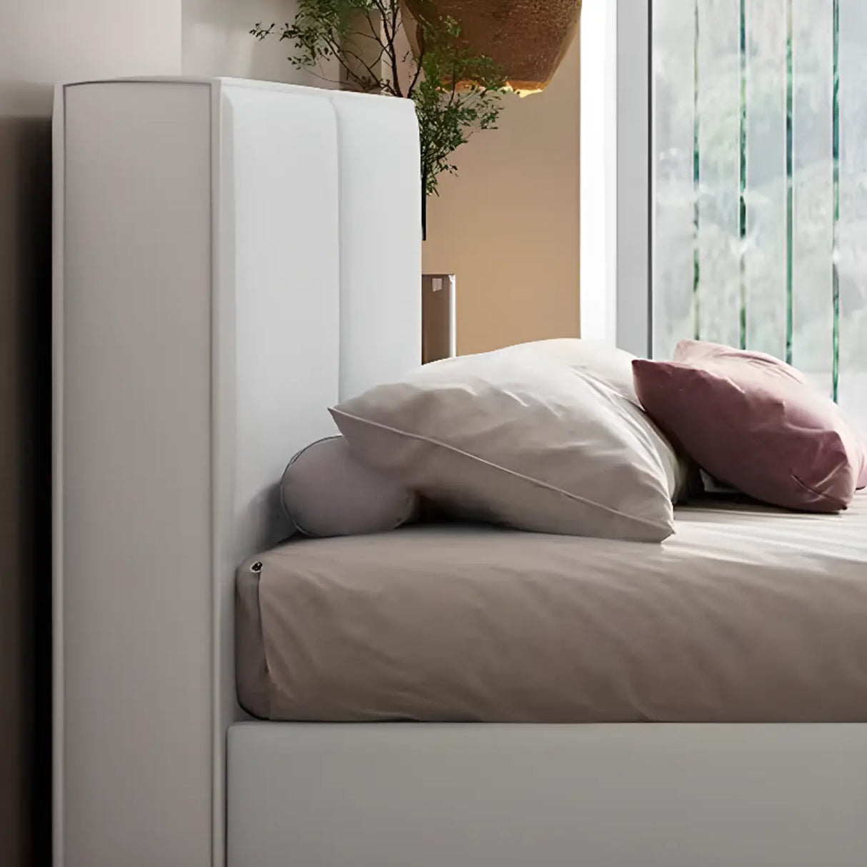 Off-White Comfort Queen Modern Upholstered Storage Bed Image - 9