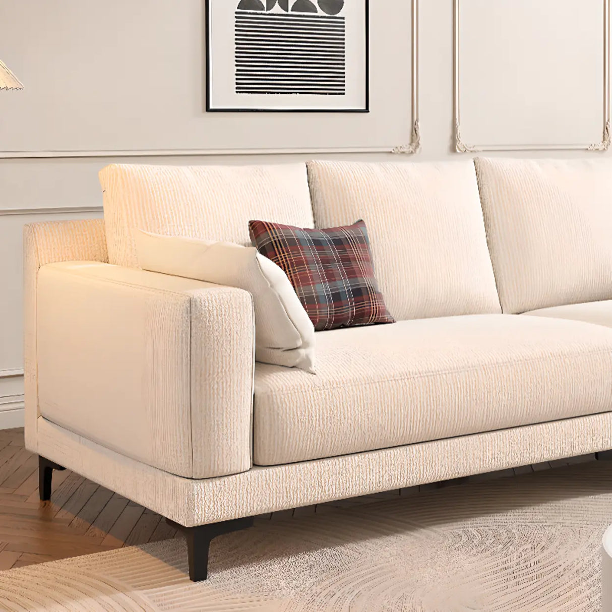 Off-White Cotton Linen Square Arm Pillow Back Sofa Image - 9